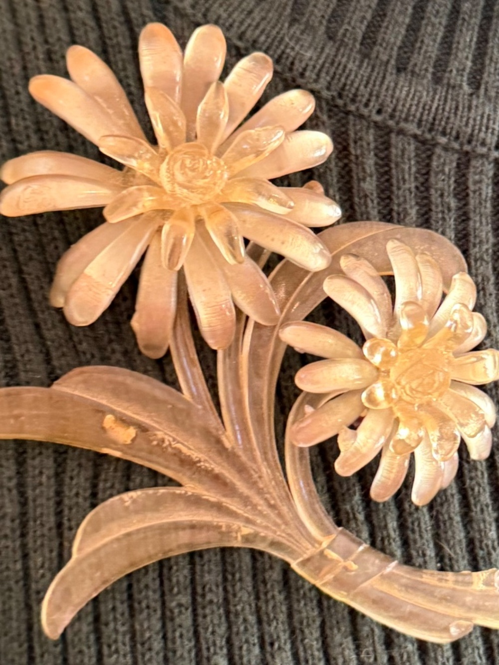 Vintage Mid-Century Carved Translucent Lucite & Celluloid Double Flower Brooch
